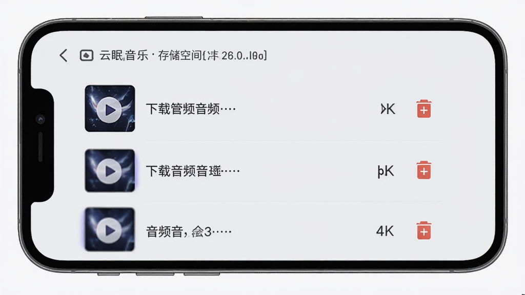 云眠音乐APP下载管理页面,手机屏幕内显示已下载音频列表,每项带有播放按钮和删除图标,顶部有存储空间提示,背景为浅灰色,布局清晰,风格清爽,细节精致,4K画质,干净无多余元素