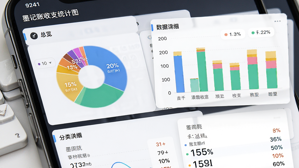 一墨记账收支统计图表界面,画面展示手机屏幕中的饼状图与柱状图,主体为数据可视化图表,布局为上方总览下方分类明细,排版层次分明,风格为现代数据看板设计,细节包含不同颜色的分类色块与百分比数字,画质高清、干净、无多余元素