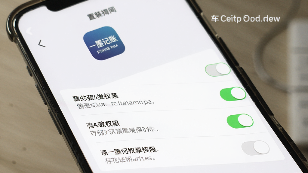 一墨记账新手安装设置界面,画面主体为手机屏幕显示权限设置页面,布局为顶部应用图标与下方权限开关列表,排版清晰,风格为系统设置界面风格,细节包含存储权限开关与提示文字,画质清晰、干净、无多余元素