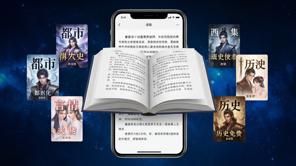番读小说全免费应用主界面展示,画面中央是一本翻开的电子书悬浮在手机屏幕上方,周围环绕着玄幻、都市、言情、历史等分类书封,背景为深蓝色星空渐变,手机屏幕内显示清晰的小说阅读排版界面,风格简洁现代,细节丰富,画质高清,干净无多余元素