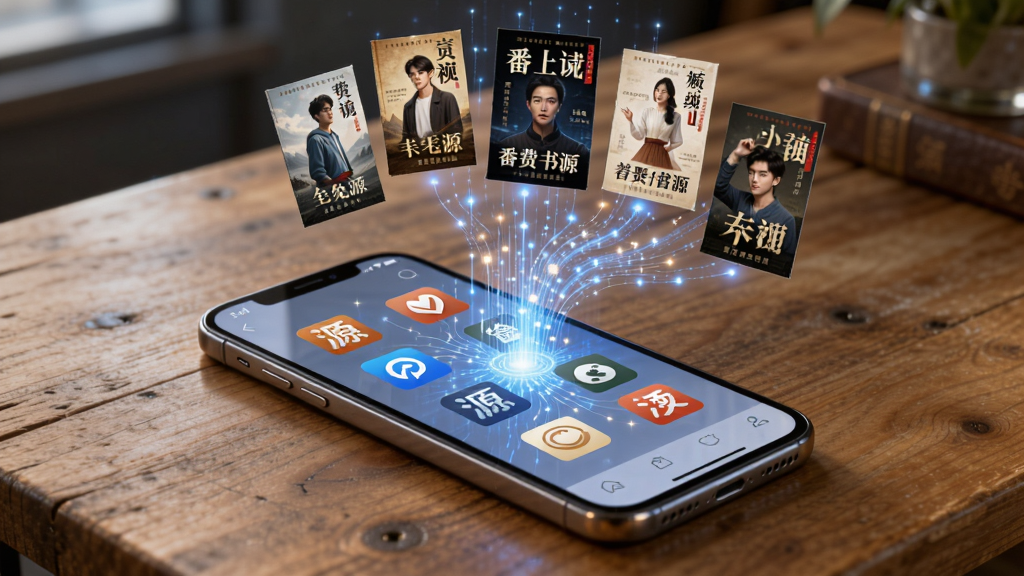 番读小说全免费书源聚合功能展示,画面中一部手机放置在木质桌面上,屏幕内显示多个书源站点图标汇聚成一条数据流进入手机,手机上方漂浮着各类小说封面,风格科技感与文艺感结合,细节清晰,画质高清,干净无多余元素