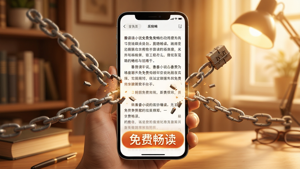 番读小说全免费免费畅读功能展示,画面中一部手机屏幕显示小说阅读页面,页面底部有