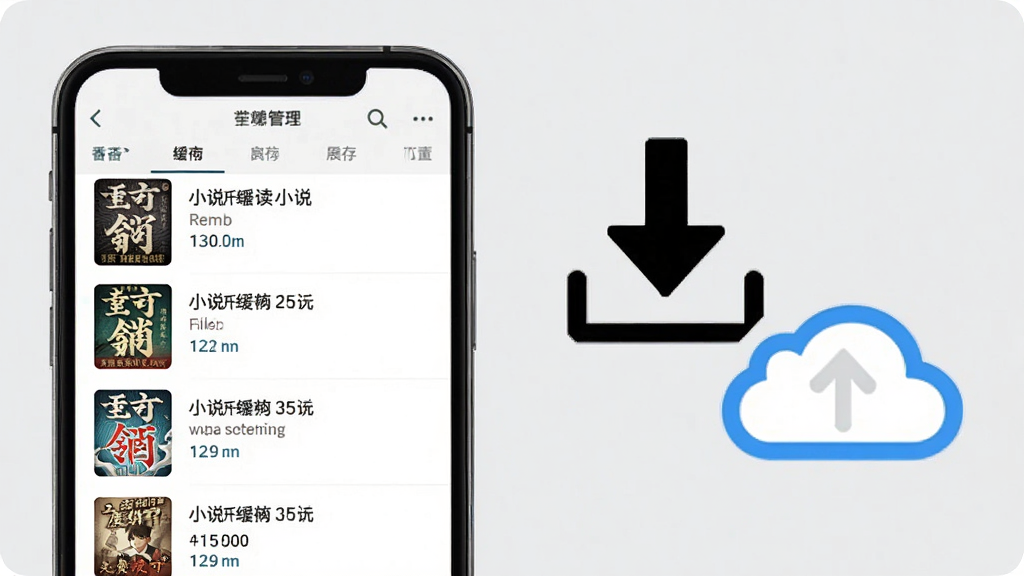 番读小说全免费离线缓存功能展示,画面中一部手机显示下载管理界面,界面中列出多本已缓存的小说并标注文件大小,手机旁边有一个向下箭头的下载图标和一朵云朵图标,背景为浅灰色简约风格,细节清晰,画质高清,干净无多余元素
