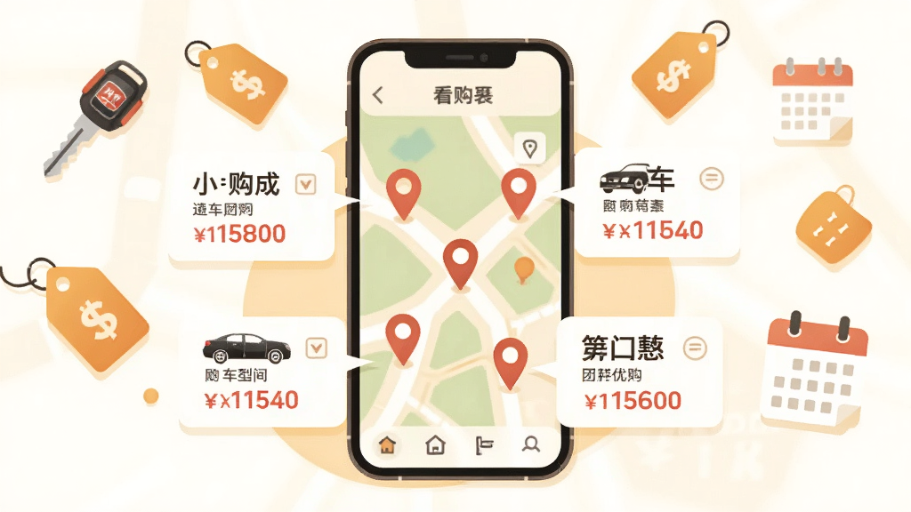小胖看车团本地团购聚合功能展示,画面以手机屏幕为中心,屏幕内显示地图上多个定位点,每个点连接一个团购卡片,卡片上写有车型名称和优惠金额。周围环绕汽车钥匙、价格标签、日历等小图标,象征团购活动的时间与优惠。风格扁平化插画,配色温暖,细节清晰,画质干净无杂乱。