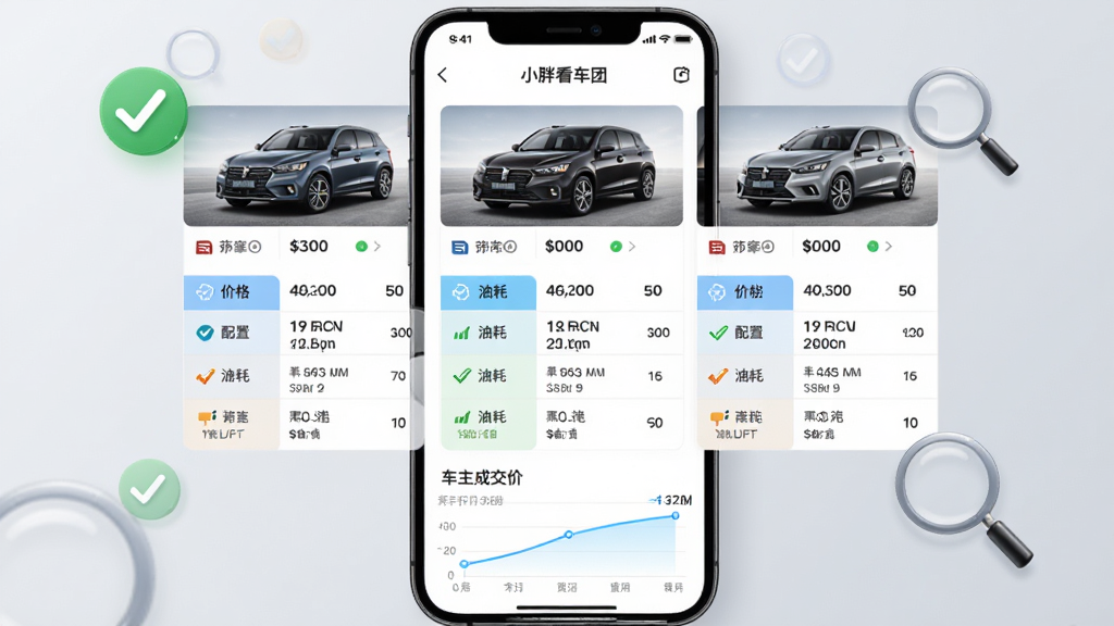 小胖看车团车型对比功能界面,手机屏幕显示三款车型并排对比表格,包含价格、配置、油耗等行,屏幕上方有车型图片,下方有车主成交价曲线图。背景为简洁的浅灰色,画面中漂浮着对勾和放大镜图标,表示对比和查询。风格写实UI,细节丰富,画质高清,无多余元素。