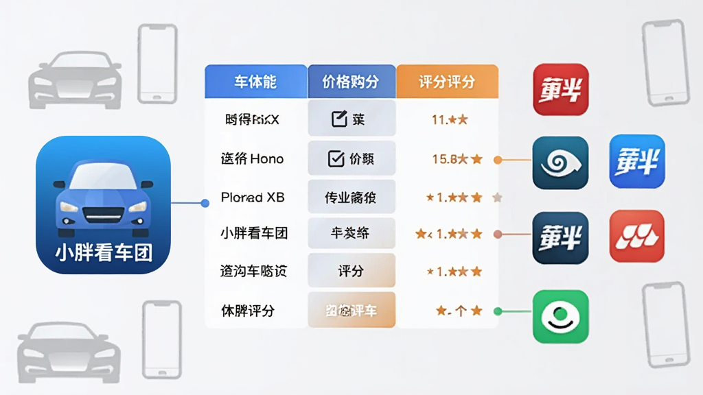 小胖看车团与同类购车应用对比示意图,画面左侧是小胖看车团图标,右侧是多个其他购车APP图标排列,中间用对比表格连接,表格列出功能、价格、评分等。背景为浅灰色,点缀汽车和手机轮廓,风格简约商务,画质清晰,无多余元素。