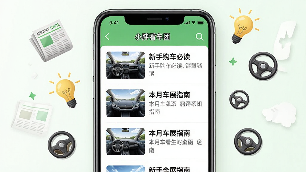 小胖看车团资讯板块展示,手机屏幕显示资讯列表,每条资讯配有缩略图和标题,如“新手购车必读”“本月车展指南”等。屏幕周围漂浮着报纸、灯泡、方向盘等小图标,象征资讯与知识。风格清新明快,配色以白绿为主,画质干净,无多余元素。
