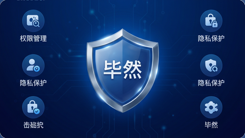 主体为手机安全防护界面,布局为盾牌图标居中,周围环绕权限管理、隐私保护等小图标,背景为深蓝色渐变,风格为安全科技风,细节包含盾牌高光质感、图标排列整齐,画面中文字标注“毕然”,画质高清,干净,无多余元素