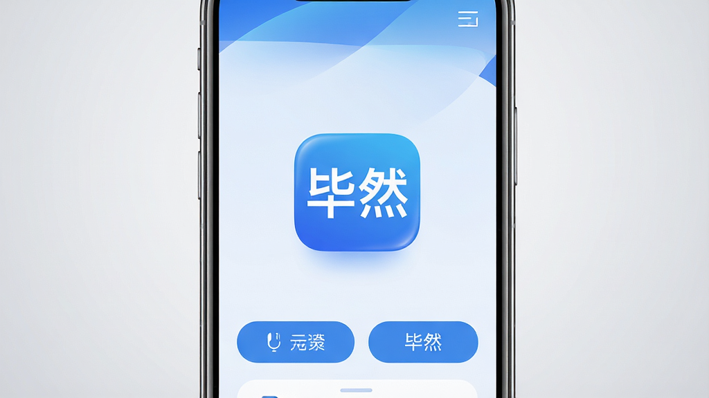 主体为一部智能手机,屏幕上显示简洁的蓝色系应用界面,界面中央有醒目的应用图标,布局为手机居中展示,背景为浅灰渐变,风格为科技简约风,细节包含手机边框反光、界面按钮图标清晰可见,画面中文字标注“毕然”,画质高清,干净,无多余元素
