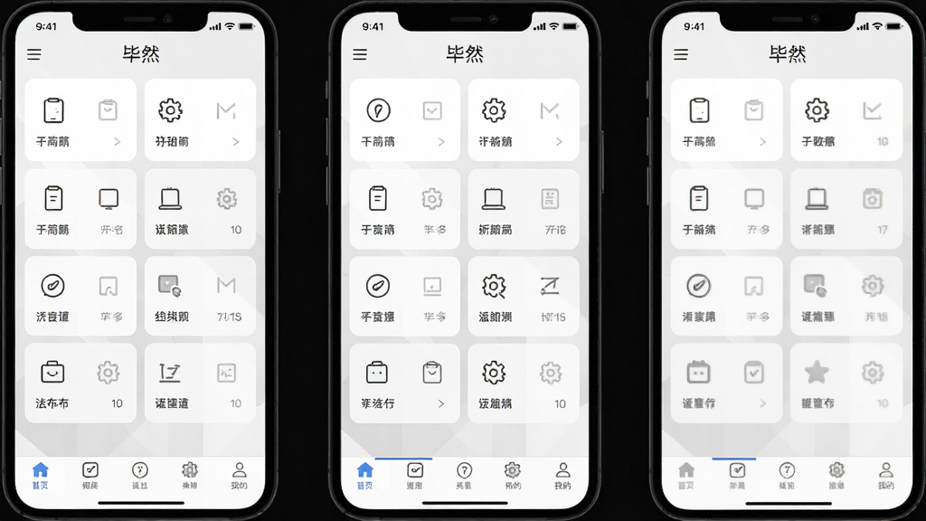 主体为手机应用主界面截图风格,布局为功能模块网格排列,背景为白色与浅灰搭配,风格为扁平简约,细节包含图标线条简洁、文字标签清晰、底部导航栏完整,画面中文字标注“毕然”,画质高清,干净,无多余元素