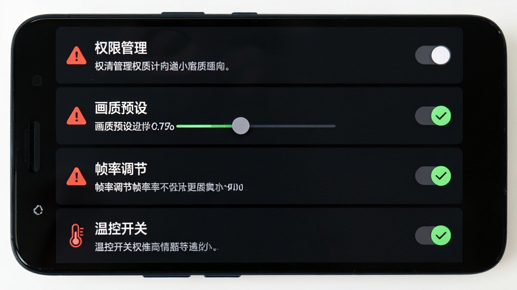一部安卓手机屏幕显示极清画质解锁器的设置页面,页面上有“权限管理”“画质预设”“帧率调节”“温控开关”等选项,旁边有红色警告图标和绿色对勾图标示意注意事项,背景为深色模式,风格为实用工具类UI,布局为纵向列表,细节包括开关按钮、滑块、说明文字,画质为高清,干净无多余元素