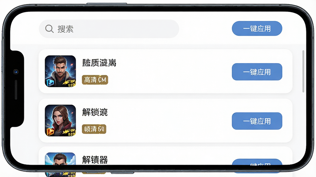 一部手机屏幕上展示极清画质解锁器的游戏预设列表界面,列表中包含多个游戏图标和名称,每个条目右侧有“一键应用”按钮,界面顶部有搜索框,背景为白色卡片式设计,风格为现代扁平风,布局为网格与列表结合,细节包括游戏封面缩略图、画质标签、帧率标签,画质为高清,干净无多余元素
