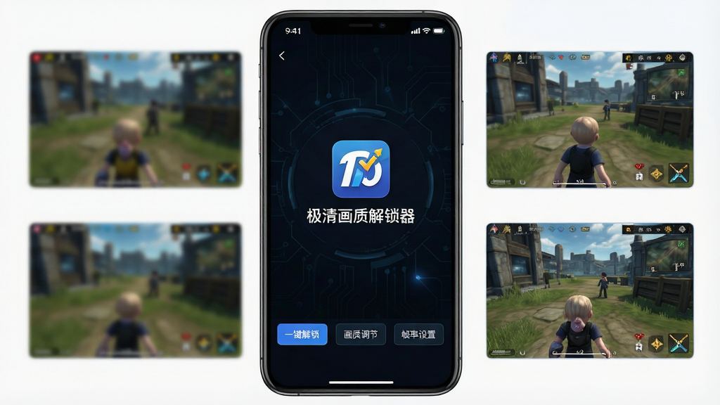 一张展示极清画质解锁器软件主界面的手机截图,画面中央是软件LOGO和名称“极清画质解锁器”,背景为深色科技风格,周围环绕着游戏画面从模糊到清晰的渐变对比效果,界面底部有“一键解锁”“画质调节”“帧率设置”等功能按钮,整体布局简洁清晰,风格为现代科技感UI设计,细节包括手机边框、状态栏信号图标、电池图标,画质为高清渲染,干净无多余元素