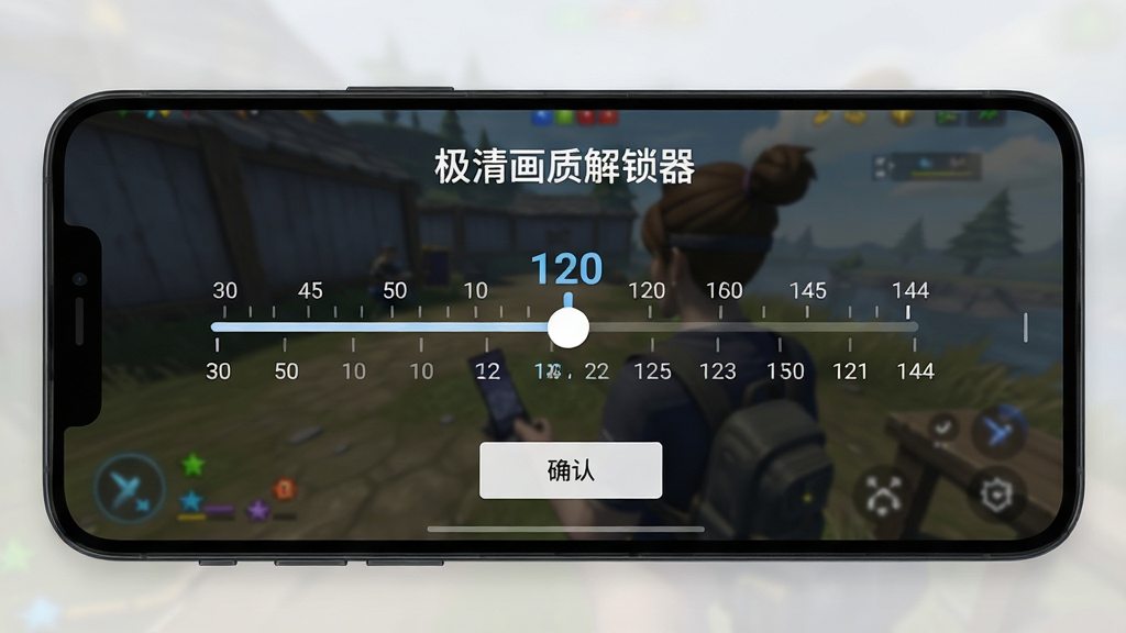 一部手机横屏显示极清画质解锁器的帧率调节界面,屏幕中央有滑动条从30到144的数字刻度,当前指针指向120帧位置,背景为半透明的游戏画面,界面顶部显示“极清画质解锁器”字样,风格为扁平化UI设计,布局为居中对称,细节包括滑动条刻度线、当前帧率高亮显示、确认按钮,画质为高清,干净无多余元素