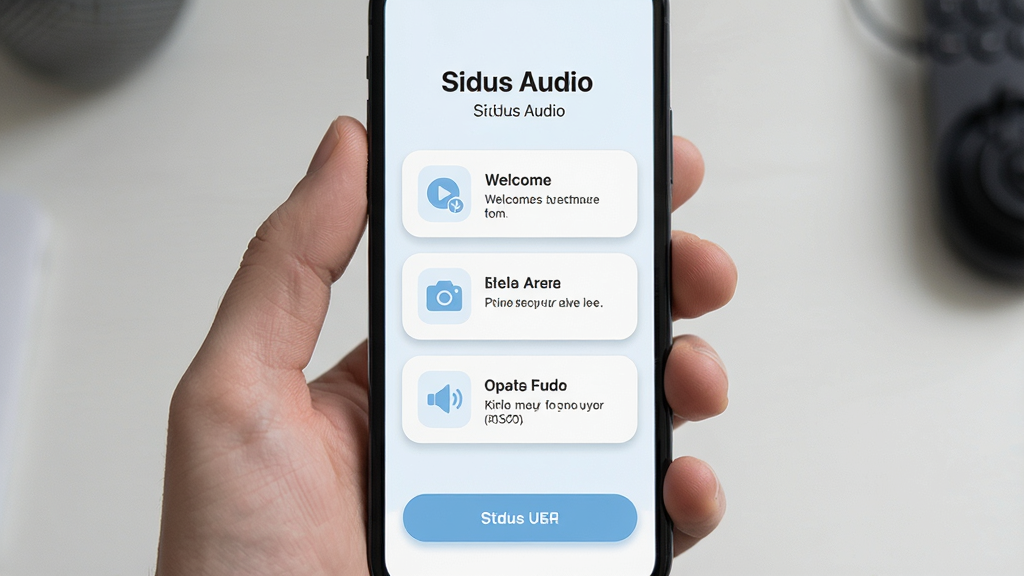 一张展示 Sidus Audio 新手操作提示的图片,主体为手机屏幕上的软件引导界面,布局为纵向步骤卡片,顶部为“Sidus Audio”软件名称与欢迎语,中部为三个操作步骤卡片包含图标与文字说明,底部为开始使用按钮,排版简洁,风格为清新浅色主题,细节包括圆角卡片、淡蓝色图标与柔和阴影,画质高清,干净,无多余元素