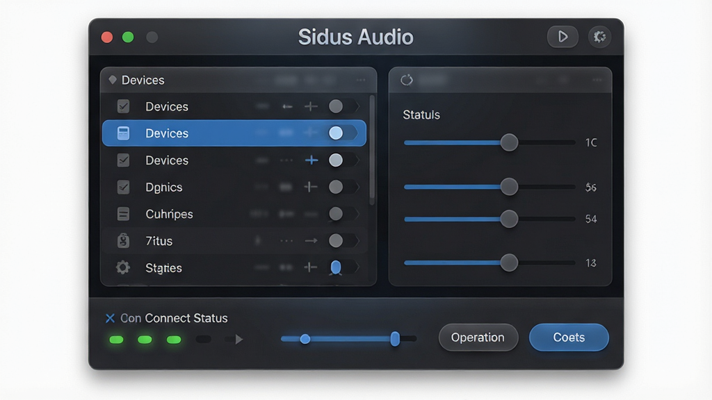 一张展示 Sidus Audio 软件主界面的图片,主体为软件操作面板与设备连接状态区域,布局采用上下结构,上方为软件名称“Sidus Audio”标题栏,中部为设备列表与参数调节滑块,下方为连接状态指示灯与操作按钮,排版简洁清晰,风格为现代科技感深色主题,细节包括半透明磨砂质感、蓝色高亮选中项、圆角按钮与细微阴影,画质高清,干净,无多余元素