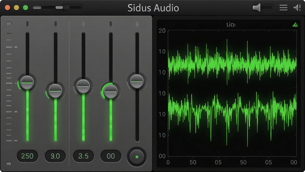 一张展示 Sidus Audio 参数调节界面的图片,主体为软件调节面板与实时反馈区域,布局为左右分栏结构,左侧为调节滑块与数值显示,右侧为设备响应状态波形图,顶部为“Sidus Audio”软件名称,排版紧凑,风格为专业音频工具风格深色主题,细节包括荧光绿波形线、灰色刻度条、圆角滑块与微光效果,画质高清,干净,无多余元素