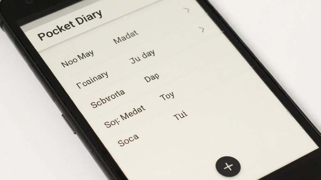 一部安卓手机屏幕展示着Pocket Diary应用界面,布局为顶部标题栏写着“Pocket Diary”,中间是日期列表,底部是加号按钮,排版简洁,风格为清新极简的UI设计,细节包含柔和的米白色背景和深灰色文字,画质清晰,干净,无多余元素