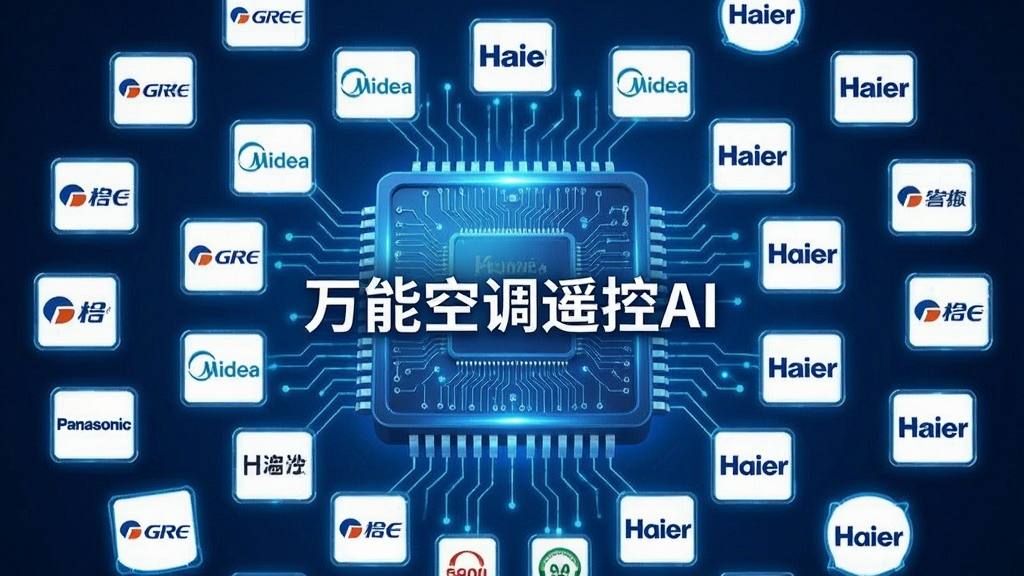 一张信息图风格的海报,主体是一个发光的圆形芯片,芯片周围环绕着众多空调品牌的Logo图标,如格力、美的、海尔、松下等,布局采用中心辐射状,排版整齐有序,风格为科技蓝调,细节上芯片有电路纹理,Logo图标带有微光效果,画质清晰,干净,无多余元素,图片中央有文字“万能空调遥控AI”