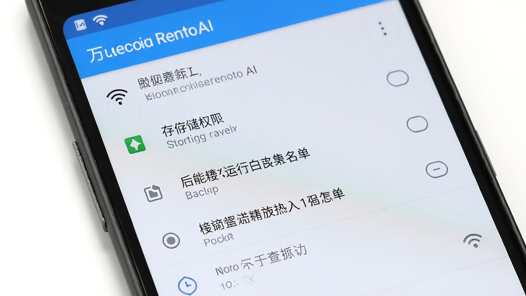 一张手机界面截图风格图,画面是一部安卓手机,屏幕显示万能空调遥控AI的权限设置页面,有存储权限、后台运行白名单等选项,布局为竖屏手机界面,排版清晰,风格为系统设置写实,细节上手机边框有轻微阴影,屏幕内容清晰可读,画质高清,干净,无多余元素