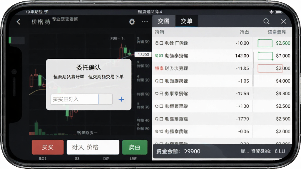 恒泰期货通交易下单界面,画面主体为手机屏幕显示买入卖出按钮与价格输入框,布局为左右分栏,风格为专业交易终端风,细节包括委托确认弹窗、持仓列表、资金余额显示,画质高清,干净,无多余元素