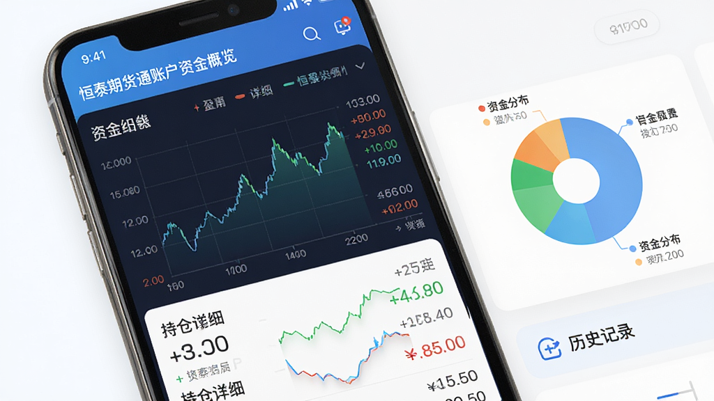 恒泰期货通账户资金概览页面,画面主体为手机屏幕显示资金曲线图与持仓明细列表,布局为上下结构,风格为清新理财风,细节包括盈亏数字、饼状资金分布图、历史记录入口,画质高清,干净,无多余元素