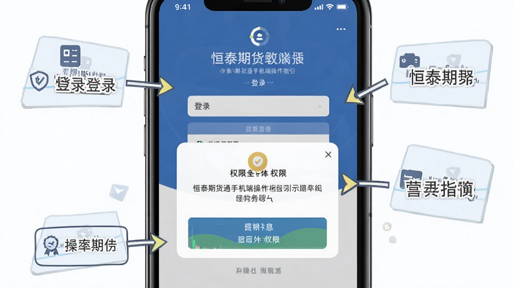恒泰期货通手机端操作指引示意图,画面主体为手机屏幕显示登录界面与权限弹窗,布局为上下排列,风格为教程指引风,细节包括箭头标注、文字说明框、图标提示,画质高清,干净,无多余元素