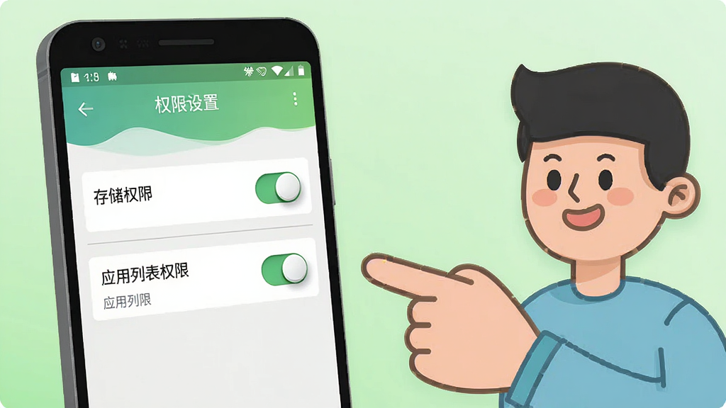 聊天一键备份助手-微记录新手操作示意图,画面展示一部安卓手机,手机屏幕显示权限设置界面,界面中有存储权限和应用列表权限的开关按钮,手机旁边有一个卡通人物手指指向屏幕,背景为浅绿色,整体风格为扁平化插画风,细节包括开关的立体感、卡通人物的简洁线条、背景的柔和渐变,画质清晰干净,无多余元素。