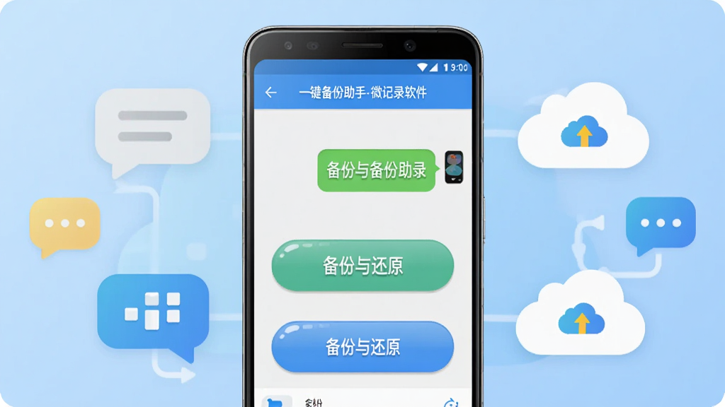 画面中央放置一部安卓智能手机,手机屏幕显示聊天一键备份助手-微记录软件主界面,界面中有备份与还原两个大按钮,手机周围环绕着聊天气泡图标和云朵存储图标,背景为浅蓝色渐变,整体布局简洁对称,风格为扁平化科技风,细节包括手机边缘的光泽感、气泡的圆润造型、按钮的高光效果,画质清晰干净,无多余元素。