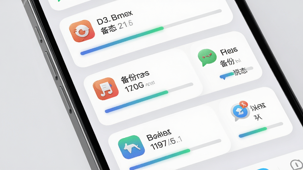聊天一键备份助手-微记录多应用管理界面,画面中展示一部手机屏幕,屏幕上排列着多个聊天应用卡片,每张卡片显示应用图标和备份状态,卡片下方有进度条,背景为浅灰色,整体风格为简约商务风,细节包括卡片的圆角设计、进度条的渐变色、图标的高清质感,画质清晰干净,无多余元素。