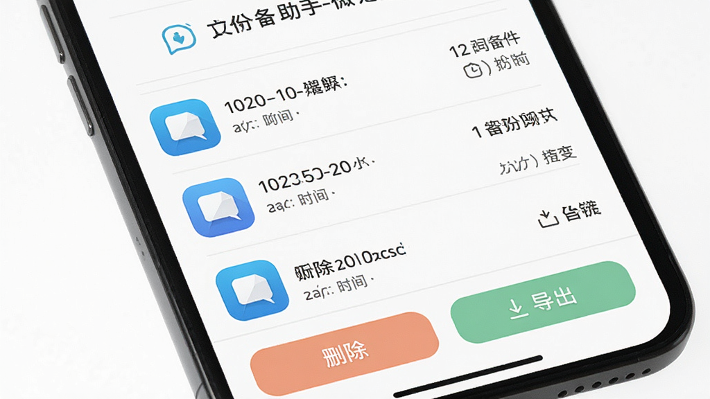 聊天一键备份助手-微记录备份文件管理界面,画面展示一部手机屏幕,屏幕上列出多条备份记录,每条记录左侧有应用图标,右侧显示时间和大小,底部有删除和导出按钮,背景为白色,整体风格为清新浅色风,细节包括列表的分隔线、按钮的图标设计、文字的清晰排版,画质清晰干净,无多余元素。