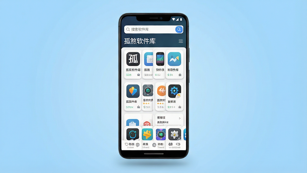 一幅竖版手机界面效果图,画面主体是一部安卓手机悬浮在纯净浅蓝色渐变背景中央,手机屏幕内展示“孤煞软件库”应用首页,顶部搜索框清晰可见,下方整齐排列多张应用卡片图标,布局采用上下分层结构,整体排版简洁明快,风格为现代扁平化UI设计,细节上带有轻微阴影和圆角卡片质感,画质高清,画面干净,无多余元素,屏幕中文字“孤煞软件库”清晰可辨。