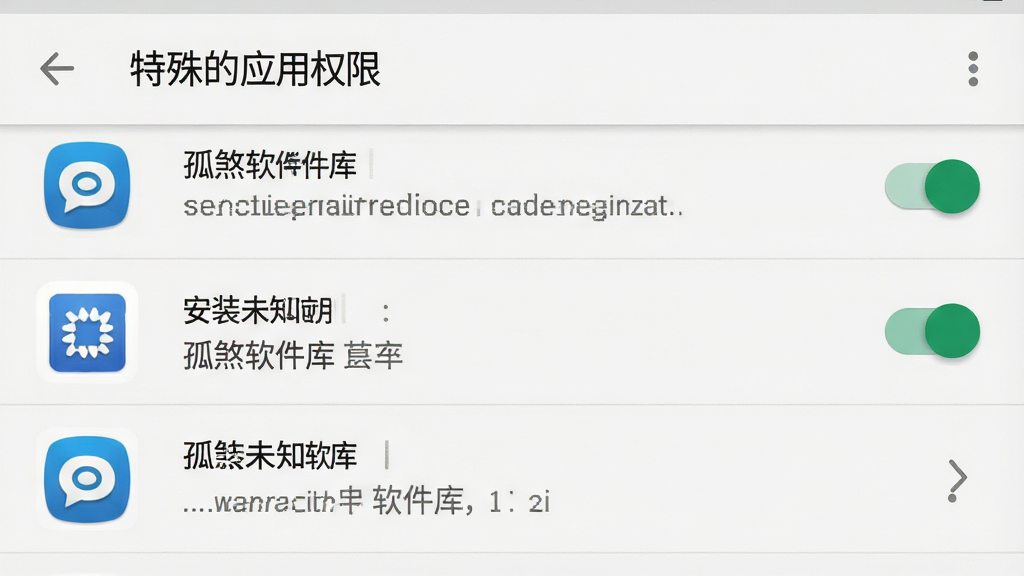 一幅手机系统设置界面的AI生图,画面展示安卓手机“特殊应用权限”设置页,列表中有“安装未知应用”选项处于开启状态,布局为纵向设置列表,风格为原生安卓浅色界面,细节包括开关按钮、应用图标和提示文字,画质高清,画面干净,无多余元素,屏幕中文字“孤煞软件库”清晰可见。
