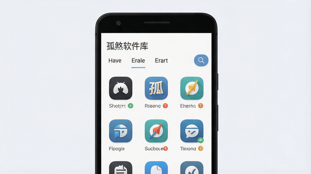 一张手机应用商店界面的AI生图,画面为一部黑色边框安卓手机,屏幕上显示“孤煞软件库”应用列表页,多个应用图标以网格形式排列,顶部有分类标签栏,背景为柔和的浅灰白色,布局居中对称,风格清爽简约,细节包括图标圆角、搜索按钮和更新标识,画质高清,干净整洁,无多余元素,屏幕中文字“孤煞软件库”清晰可见。