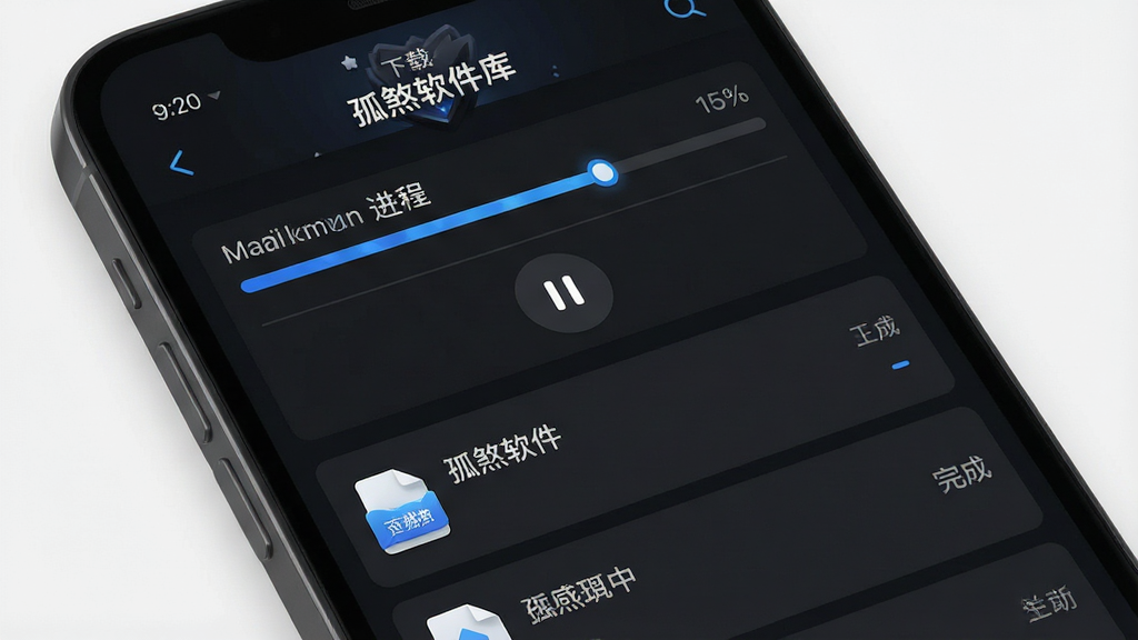 一幅展示下载管理功能的AI生图,画面主体是手机屏幕特写,屏幕内呈现“孤煞软件库”的下载管理页面,进度条、暂停按钮、已完成列表清晰可见,布局为纵向列表结构,风格为深色模式界面,细节上带有蓝色进度高亮与文件图标,画质高清,画面干净,无多余元素,屏幕中文字“孤煞软件库”清晰可见。