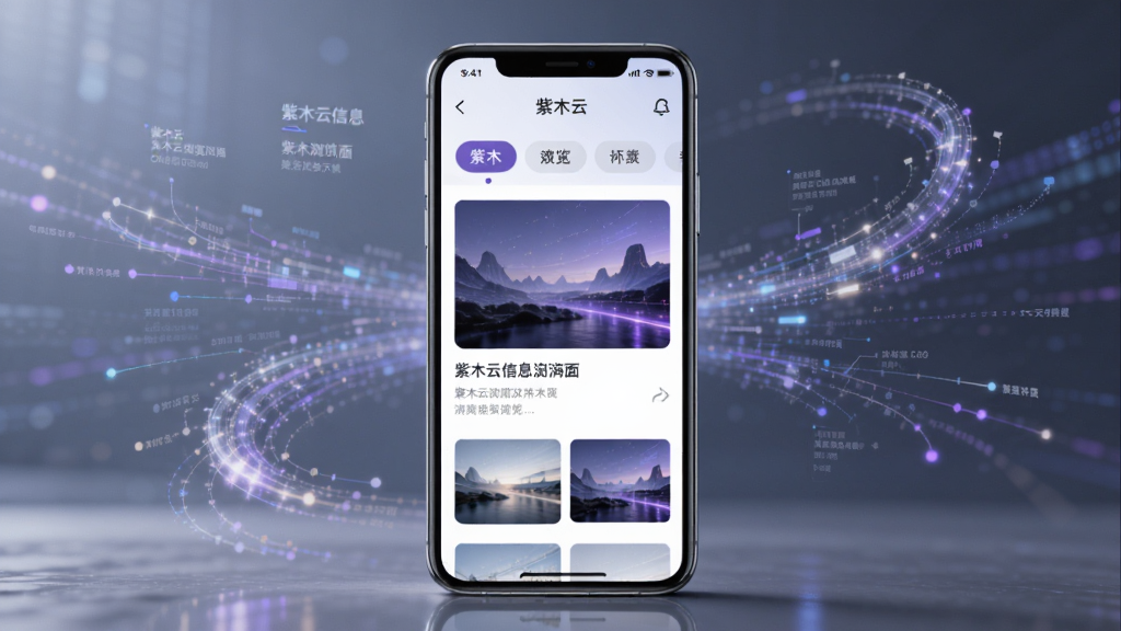 紫木云信息浏览界面示意图,画面中一部手机展示