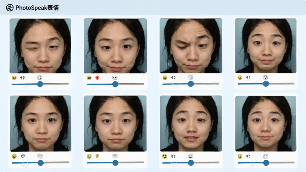 一张展示PhotoSpeak表情与头部动态调节界面的示意图,画面中一张人物照片被分割成多个小图,分别展示眨眼、挑眉、点头等不同表情,每个小图下方有滑动条,背景为淡蓝色,风格为功能演示图,细节包括表情图标、调节滑块、预览窗口,画质清晰,干净,无多余元素