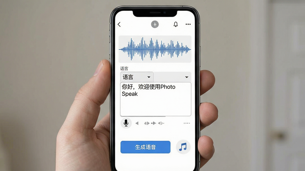 一张展示PhotoSpeak音频导入与文字转语音功能的界面图,画面中手机屏幕显示音频波形和文本框,文本框内写有“你好,欢迎使用PhotoSpeak”,下方有“生成语音”按钮,旁边有麦克风和音乐图标,背景为白色,风格为简洁扁平化设计,细节包括清晰的按钮、波形图、语言选择下拉菜单,画质高清,干净,无多余元素