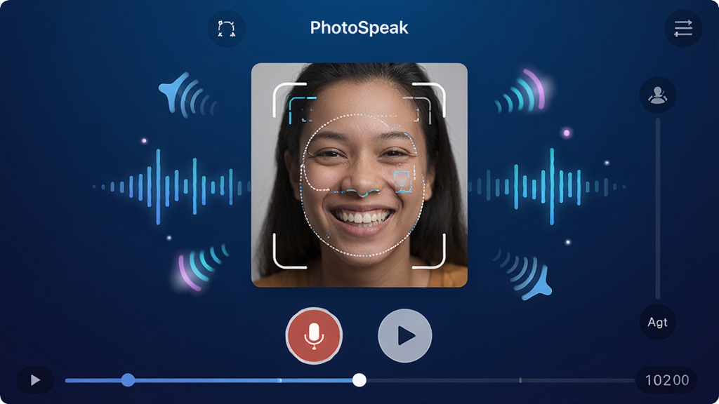 一张展示PhotoSpeak软件界面的手机屏幕截图,画面中央是一张微笑的人像照片,照片下方有录音按钮和播放按钮,周围环绕着声波图标和动画特效,背景为深蓝色渐变,风格为现代科技感UI设计,细节包括清晰的操作按钮、时间轴和面部识别框,画质高清,干净,无多余元素