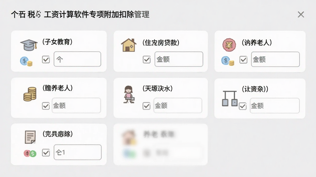 个税工资计算软件专项附加扣除管理界面,画面展示七项扣除项目的图标列表,包括子女教育、住房贷款、赡养老人等,每个项目配有勾选框与金额输入框,背景为淡灰色,布局整齐,风格简约,细节清晰,画质优良,干净整洁