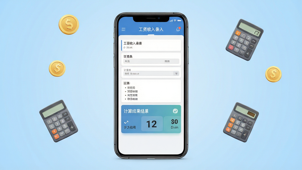 个税工资计算软件主界面全景展示,画面中央为手机屏幕模型,屏幕内显示工资收入录入表单与计算结果卡片,背景为浅蓝色渐变,点缀金币与计算器图标,整体风格简洁商务,布局居中对称,细节清晰,画质高清,干净无多余元素