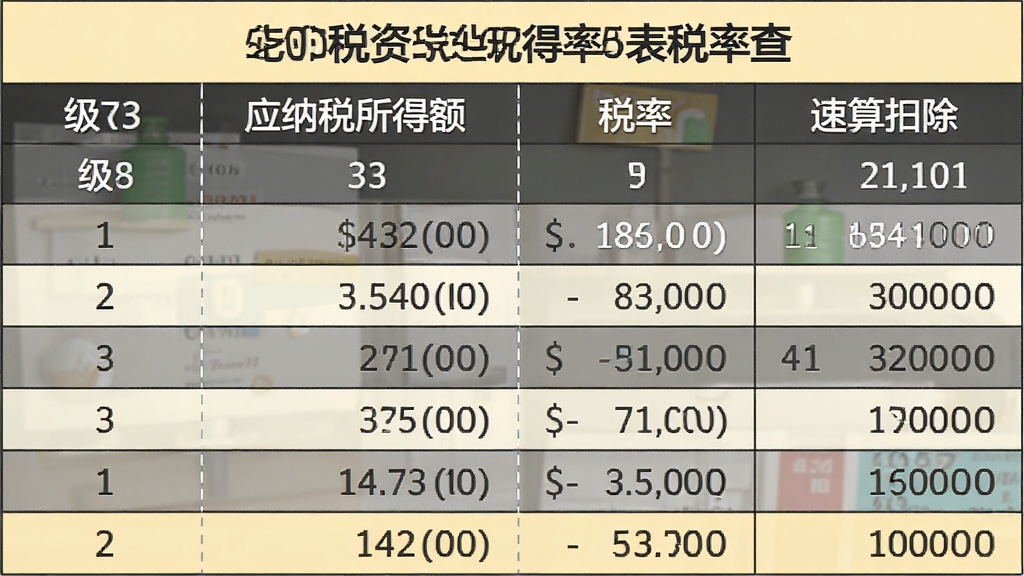 个税工资计算软件税率表速查界面,画面展示综合所得税率表表格,包含级数、应纳税所得额、税率、速算扣除数等列,表格线条清晰,背景为浅黄色,字体为深灰色,风格正式规范,布局工整,细节准确,画质清晰,无多余元素