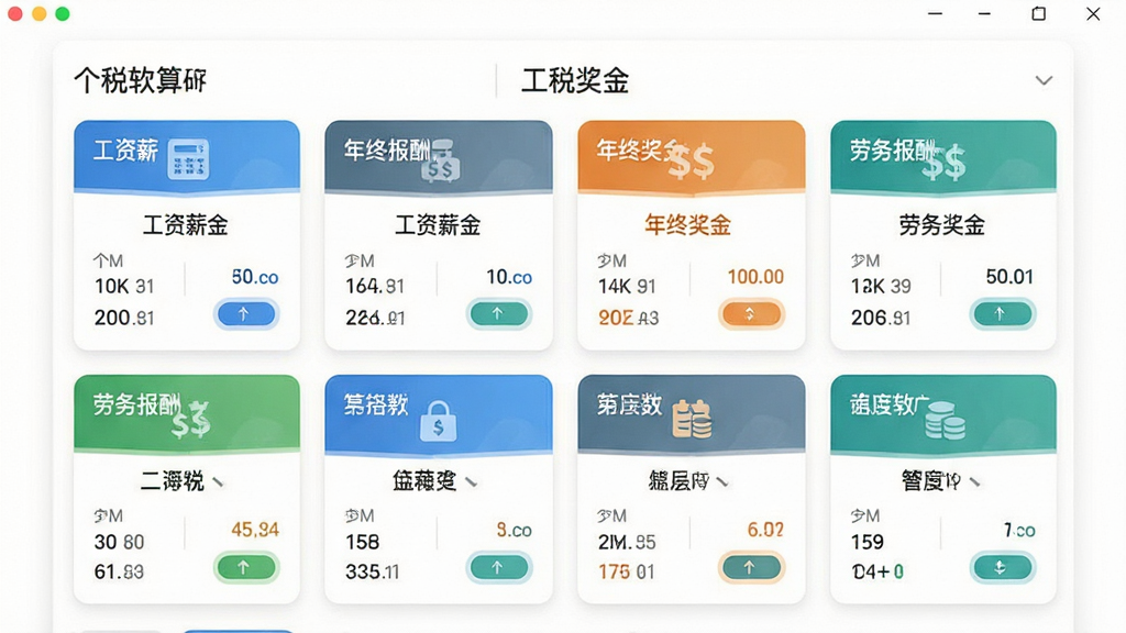 个税工资计算软件功能界面展示,画面中呈现多个计算模块卡片,分别标注工资薪金、年终奖金、劳务报酬等字样,卡片以网格形式排列,背景为纯白色,图标采用扁平化设计,风格清新简洁,细节丰富,画质清晰,无杂乱元素