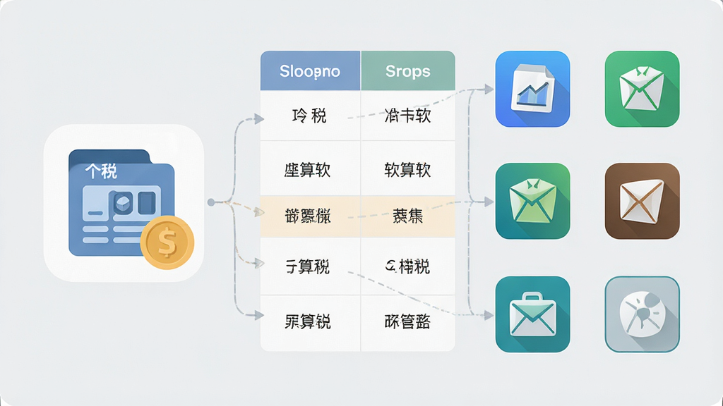 个税工资计算软件与同类工具对比示意图,画面左侧为个税工资计算图标,右侧为五个同类软件图标,中间用对比表格连接,背景为浅灰色,风格简约扁平,布局清晰,细节干净,画质高清,无多余元素