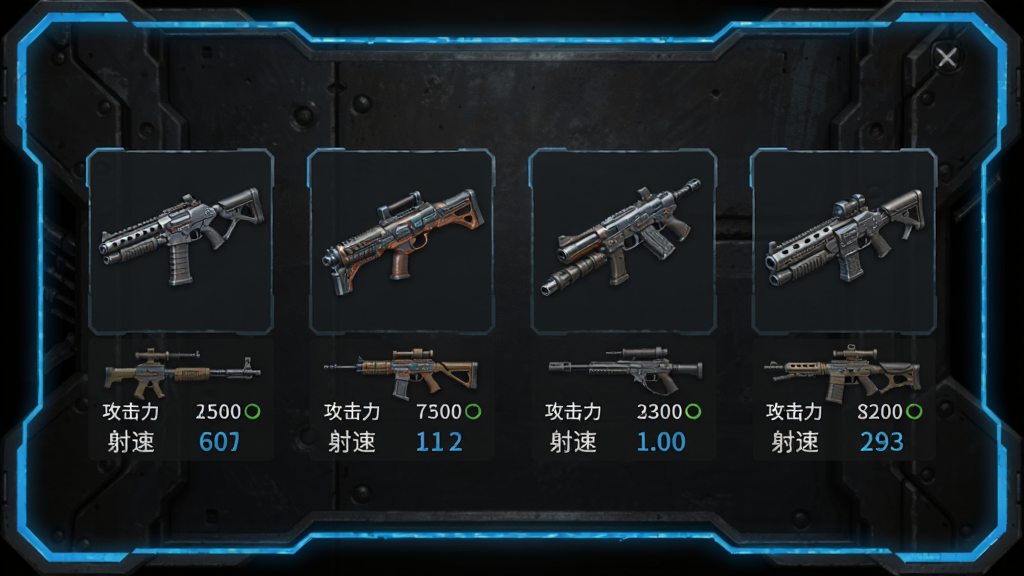 爆射奇兵武器选择界面,展示六把不同造型的枪械图标整齐排列,每把武器下方有攻击力与射速数值,背景是深色金属质感的武器库,界面边缘有蓝色科技光效装饰,画质高清,风格统一,干净无杂乱