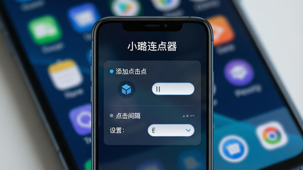 一张展示智能手机屏幕的图片,画面中央是小璐连点器软件的主界面,界面布局简洁,顶部有软件名称“小璐连点器”字样,中间区域显示添加点击点和设置点击间隔的参数面板,背景是模糊的手机桌面,风格为科技感UI展示图,细节清晰,画质高清,干净无多余元素。
