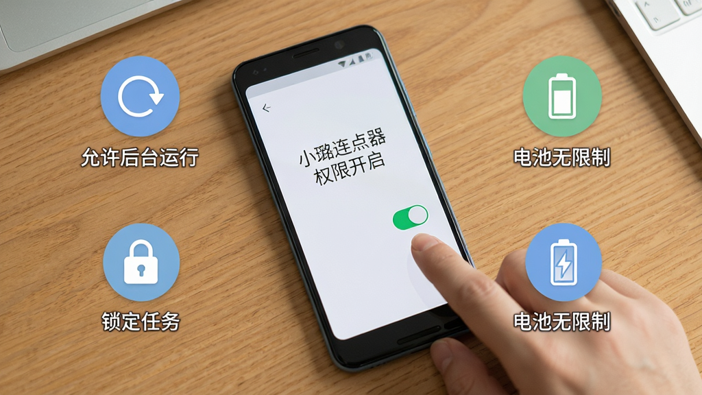 一部安卓手机放置在桌面上,屏幕显示“小璐连点器”的无障碍服务权限开启页面,旁边有一只手正在点击开启开关,画面周围环绕着几个提示图标如“允许后台运行”“锁定任务”“电池无限制”,风格为教程示意图,配色柔和,细节清晰,画质高清,干净无多余元素。