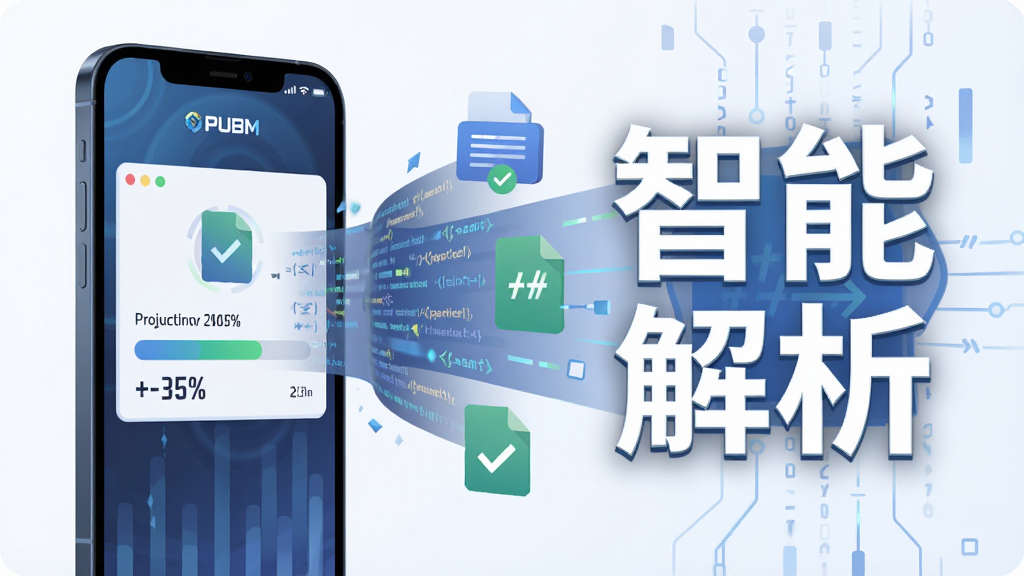 一张展示PUBGM FLASH安装器智能解析功能的场景图,主体为手机屏幕显示解析进度,旁边有抽象的代码流和文件图标飞入。布局为左侧手机,右侧数据流。排版突出“智能解析”四个字。风格为扁平化科技插画。细节包括文件图标、对勾标记、进度百分比。画质为高清,干净,无多余元素。
