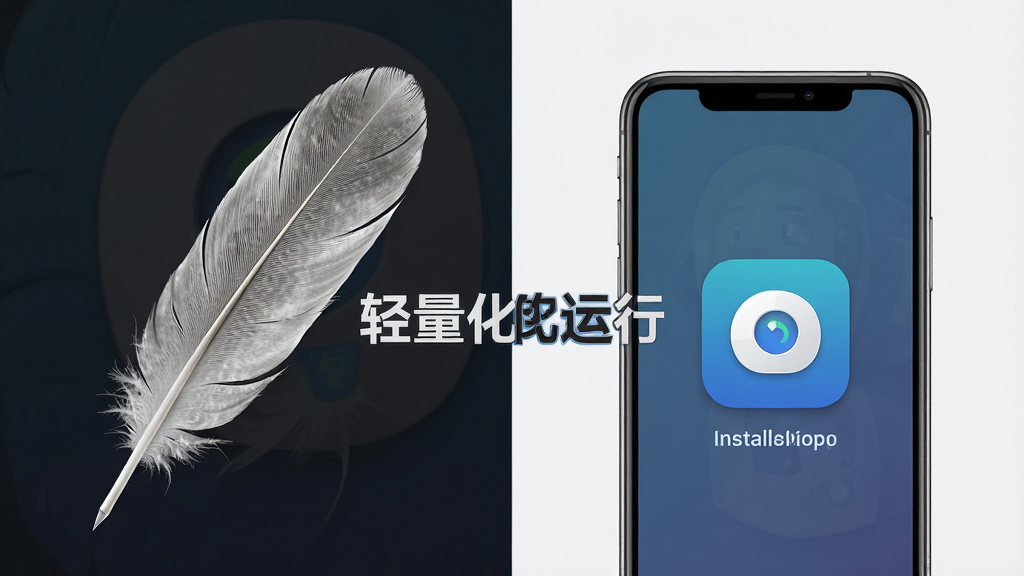 一张展示PUBGM FLASH安装器轻量化特性的图片,主体为一个羽毛和一个手机对比,手机屏幕上显示安装器图标。布局为左右对比,羽毛在左,手机在右。排版突出“轻量化运行”文字。风格为极简主义。细节包括羽毛的细腻纹理、手机屏幕的图标。画质为高清,干净,无多余元素。