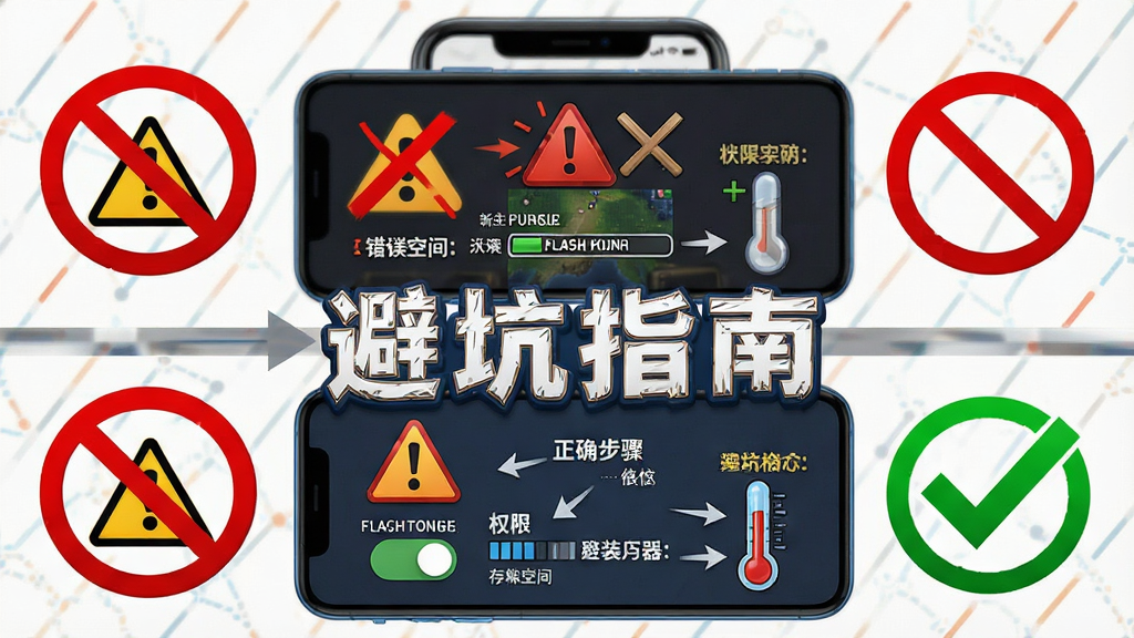 一张展示PUBGM FLASH安装器新手避坑指南的示意图,主体为手机屏幕显示警告图标和操作步骤,旁边有红色禁止符号和绿色对勾。布局为上下结构,上方是错误示范,下方是正确示范。排版突出“避坑指南”文字。风格为信息图表风格。细节包括存储空间条、权限开关、温度计图标。画质为高清,干净,无多余元素。